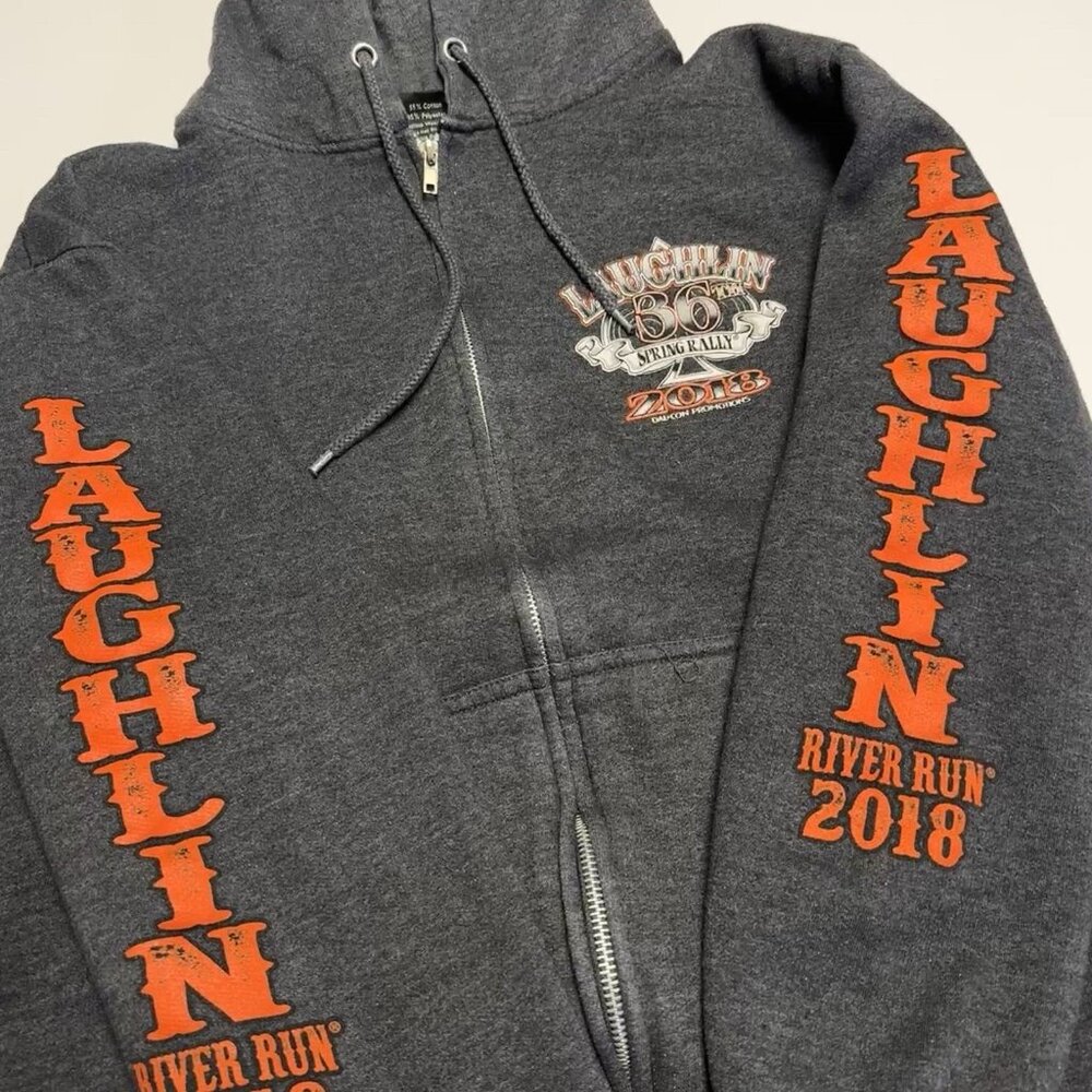 Laughlin River Run Biker Hoodie Gray Zip Sleeve Graphic 2018 Sweatshirt Large